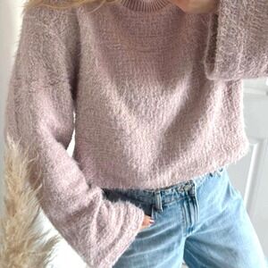 ZARA Womens Large Pink Purple Cropped Eyelash Sweater Bell Sleeve Metallic Shiny